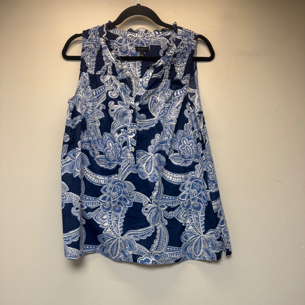 Talbots Sleeveless Blouse Womens Small Blue Paisley Cotton Excellent Ruffle Top